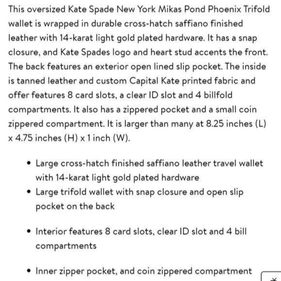 Kate Spade Leather Saffiano Phoenix Mikas Pond Tri-Fold Wallet Color Porcini - Picture 16 of 16